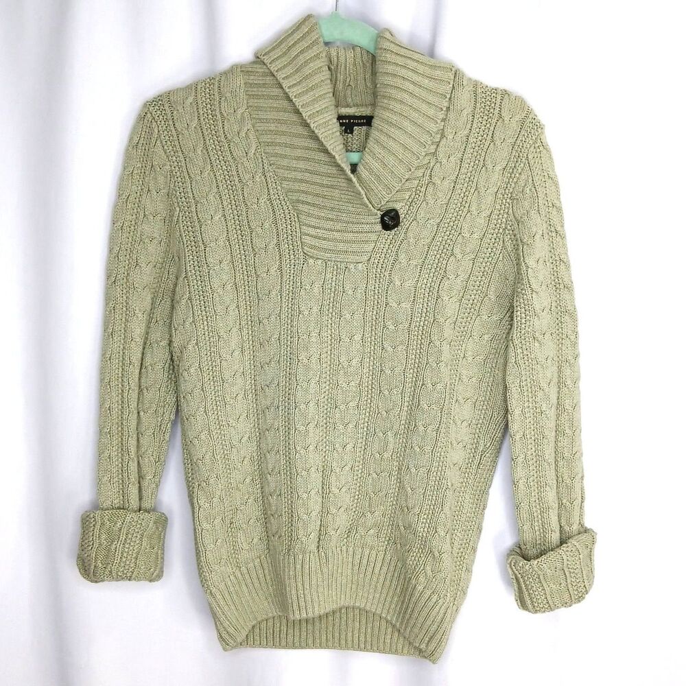 Jeanne Pierre Cable Knit Sweater V-neck Cotton Pullover Khaki Beige Womens Large